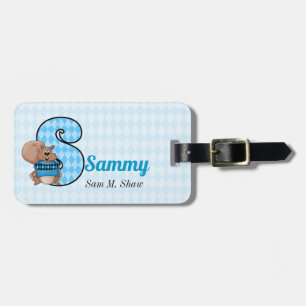 Funny Squirrel for Letter S in Blue Argyle Luggage Tag
