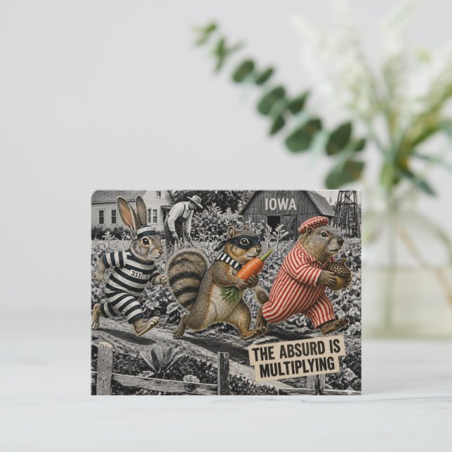 Funny Squirrel Groundhog and Rabbit Carrot Heist Postcard (Standing Front)
