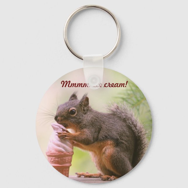 Funny Squirrel Licking Ice Cream Cone Keychain (Front)