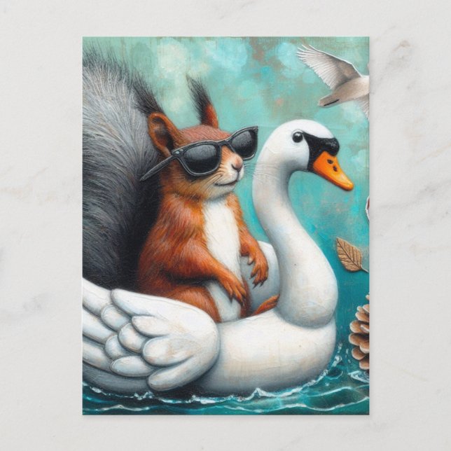 Funny Squirrel on an Inflatable Swan Postcard (Front)