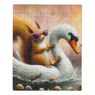 Funny Squirrel on Swan Float Jigsaw Puzzle
