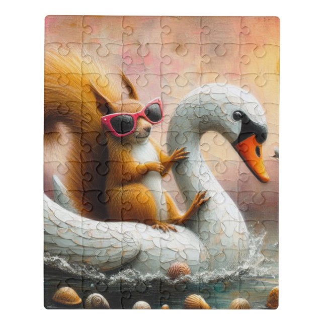 Funny Squirrel on Swan Float Jigsaw Puzzle (Puzzle Vertical)