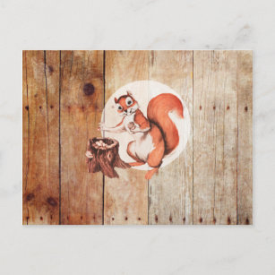 Funny squirrel on wood postcard