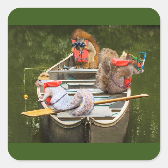 Funny Squirrels in a Canoe Texting and Fishing Square Sticker (Front)