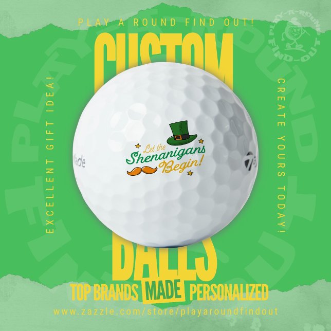Funny St. Patrick’s Day Design for Golf Buddies Balls (Custom name brand golf balls by Play A Round Find Out, "Let The Shenanigans Begin" leprechaun design)