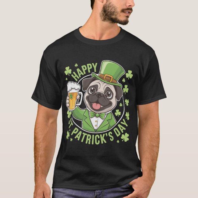 Funny St. Patrick�s Day Pug with Beer Mug T-Shirt (Front)