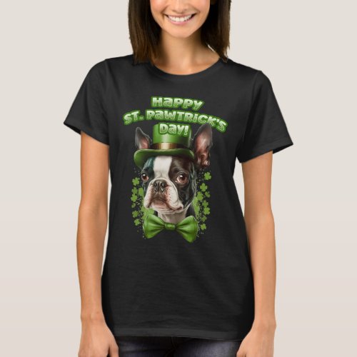 Funny St Patricks Day Boston Terrier Pawstrick L T_Shirt