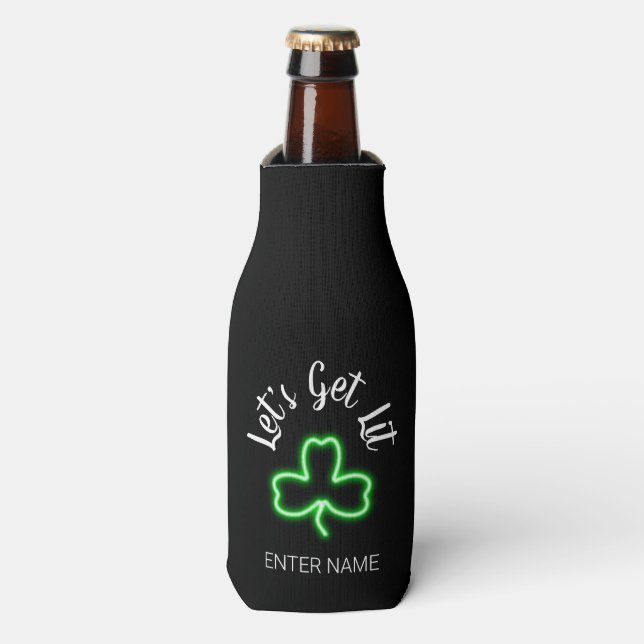 Funny St Patricks Day Green Shamrock Personalized Bottle Cooler (Bottle Front)