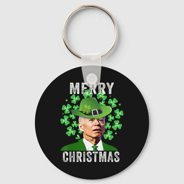 Funny St. Patricks Day Joe Biden Confused Merry Ch Keychain (Front)