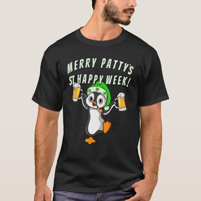 Funny St Patricks Day Party Penguin Drinking 1 T-Shirt (Front)