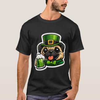 Funny St Patricks Day Pug Drinking Green Beer Lepr T-Shirt