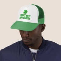 Funny St Patricks Day Trucker Hats with Shamrock Adult Unisex Size Medium White and Green