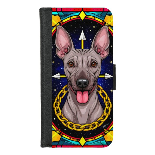 Funny Stained Glass Dog with a Starry Background iPhone Wallet Case (Front)
