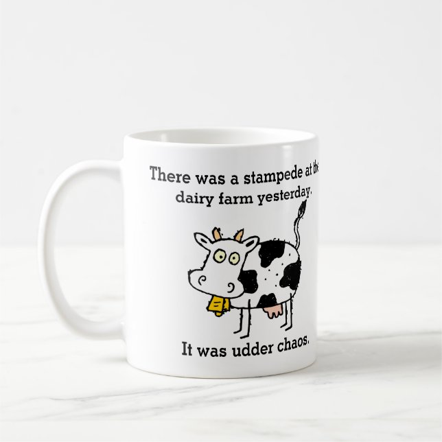 Funny Stampede At Dairy Farm Udder Chaos Cow Joke Coffee Mug (Left)