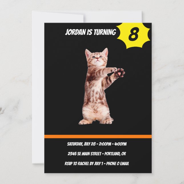 Funny standing playful kitten invitation (Front)