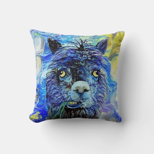 Funny Starry Night Alpaca Parody Portrait Throw Pillow