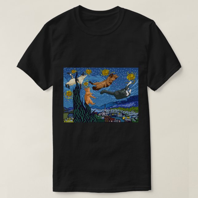 Funny Starry Night Cat Cute Art Paint for Cat Kitt T-Shirt (Design Front)