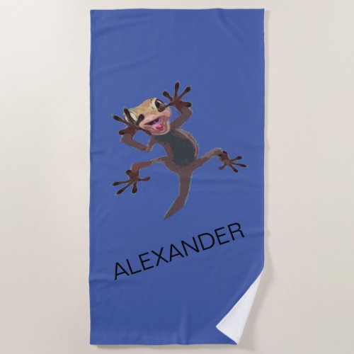 Funny Startled Gecko Lizard Blue Custom Name Beach Towel