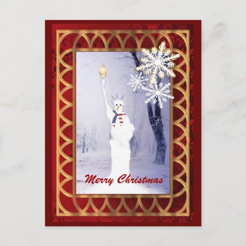 Funny  statue of Liberty snowman Christmas Holiday Postcard
