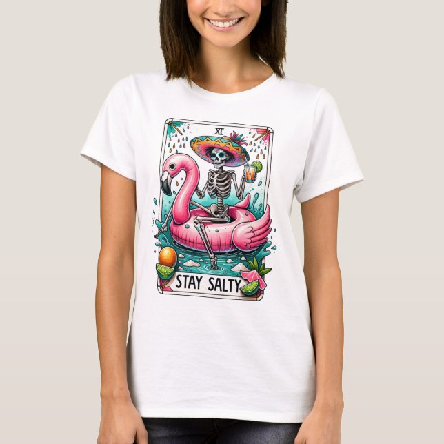 Funny Stay Salty Flamingo Float Skeleton Tarot T-Shirt (Front)