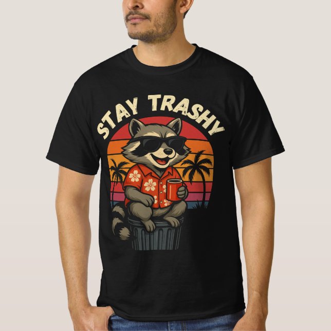 Funny Stay Trashy Sunset Raccoon  T-Shirt (Front)