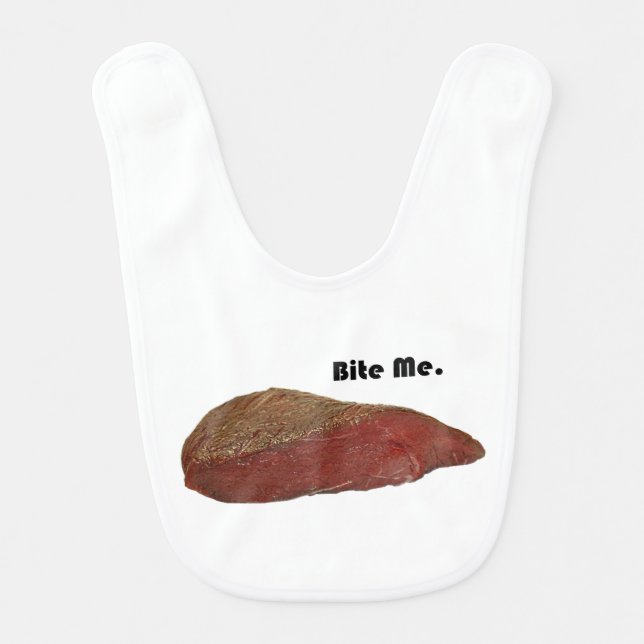 Funny Steak Cartoon, “Bite Me” Meat Pun Design Bib (Front)