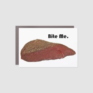 Funny Steak Cartoon, “Bite Me” Meat Pun Design Car Magnet