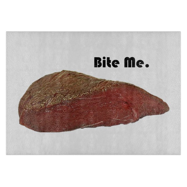 Funny Steak Cartoon, “Bite Me” Meat Pun Design Cutting Board (Front)