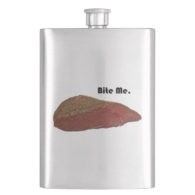 Funny Steak Cartoon, “Bite Me” Meat Pun Design Flask (Front)