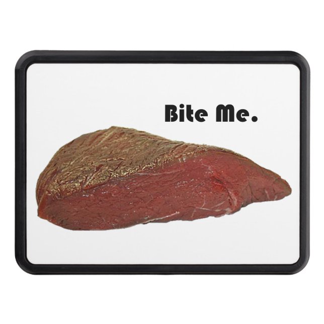Funny Steak Cartoon, “Bite Me” Meat Pun Design Hitch Cover (Front)