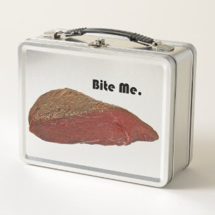 Funny Steak Cartoon, “Bite Me” Meat Pun Design Metal Lunch Box