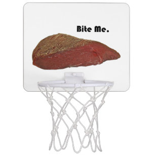 Funny Steak Cartoon, “Bite Me” Meat Pun Design Mini Basketball Hoop