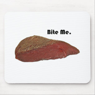 Funny Steak Cartoon, “Bite Me” Meat Pun Design Mouse Pad