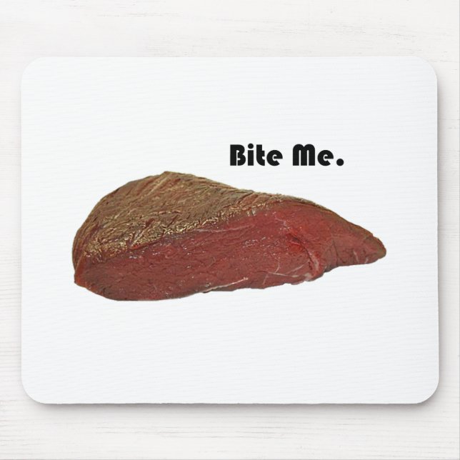 Funny Steak Cartoon, “Bite Me” Meat Pun Design Mouse Pad (Front)