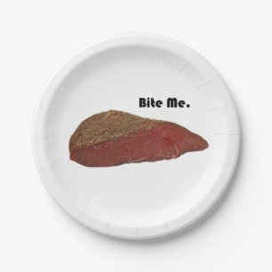 Funny Steak Cartoon, “Bite Me” Meat Pun Design Paper Plates