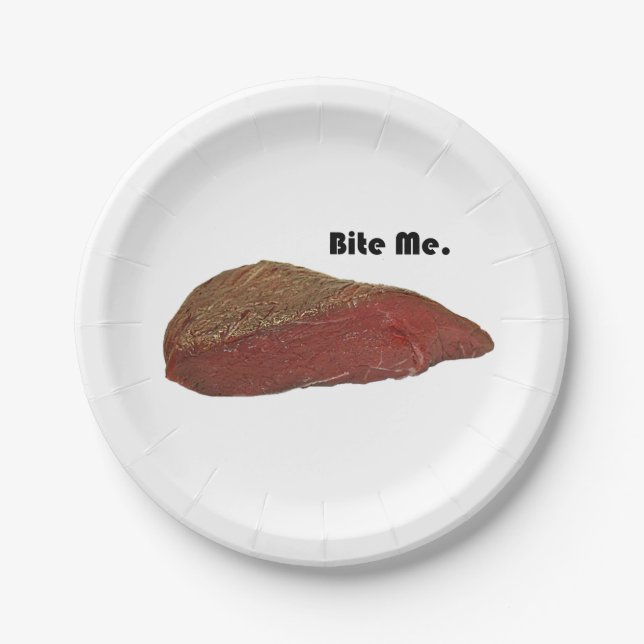 Funny Steak Cartoon, “Bite Me” Meat Pun Design Paper Plates (Front)