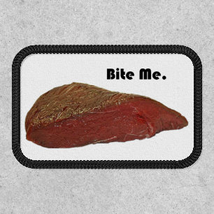 Funny Steak Cartoon, “Bite Me” Meat Pun Design Patch