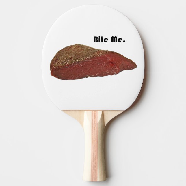 Funny Steak Cartoon, “Bite Me” Meat Pun Design Ping Pong Paddle (Front)