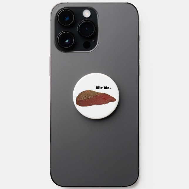 Funny Steak Cartoon, “Bite Me” Meat Pun Design PopSocket (Front)