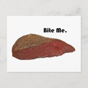 Funny Steak Cartoon, “Bite Me” Meat Pun Design Postcard