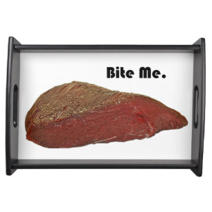 Funny Steak Cartoon, “Bite Me” Meat Pun Design Serving Tray