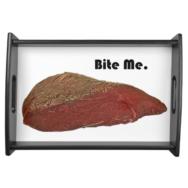Funny Steak Cartoon, “Bite Me” Meat Pun Design Serving Tray (Front)