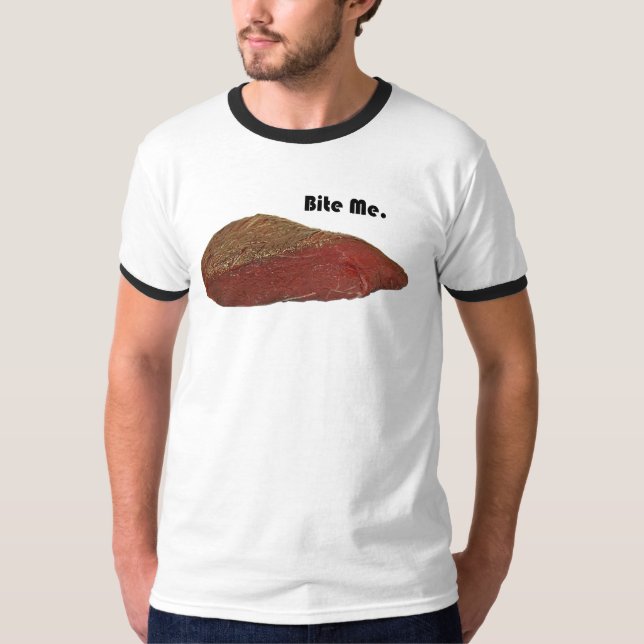 Funny Steak Cartoon, “Bite Me” Meat Pun Design T-Shirt (Front)