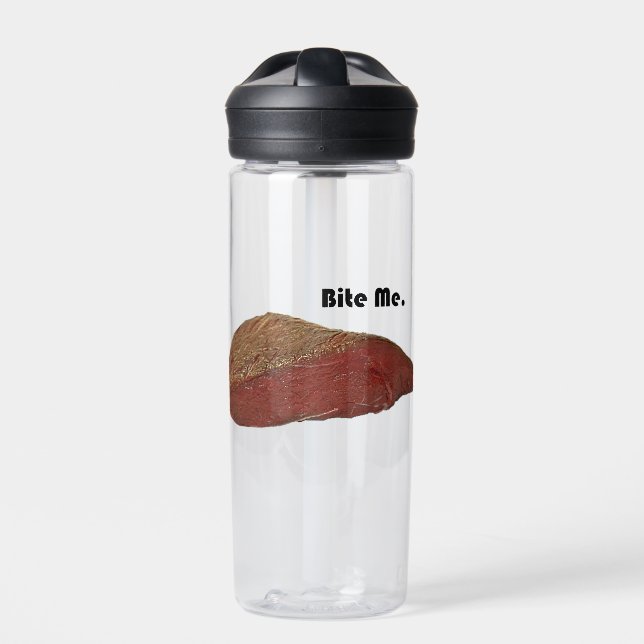 Funny Steak Cartoon, “Bite Me” Meat Pun Design Water Bottle (Front)