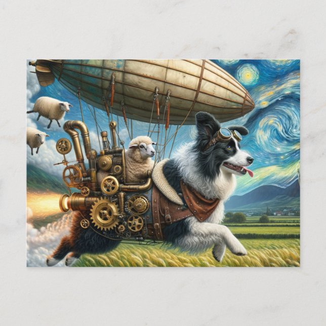 Funny Steampunk Border Collie With Sheep and Blimp Postcard (Front)