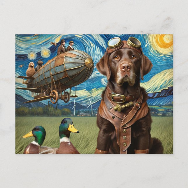 Funny Steampunk Chocolate Lab Postcard (Front)