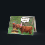 Funny Steer and Cake Birthday Card<br><div class="desc">The big boys are ready to party! This silly card features two Scottish Highland cattle, decked out in party hats and ready for some serious cake. Inside there's a cute cow in a pink hat exclaiming: Oh Those Boys! There's also the customary Happy Birthday wishes. All text is customizable so...</div>