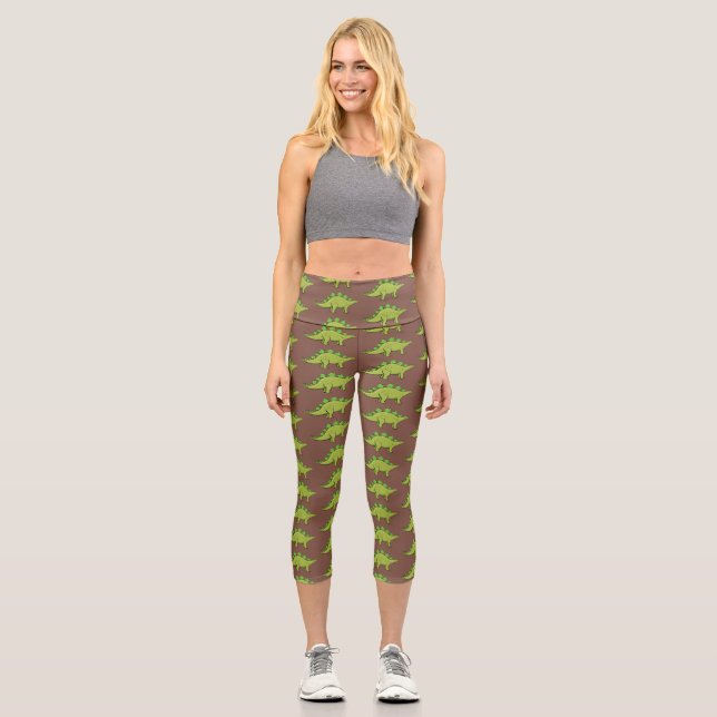 Funny stegosaurus dinosaur cartoon capri leggings (Front)