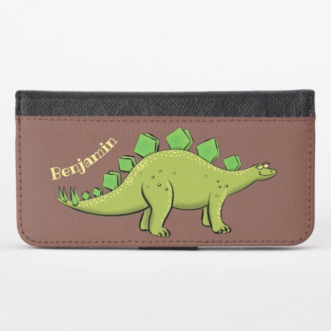 Funny stegosaurus dinosaur cartoon iPhone wallet case (Front (Horizontal))