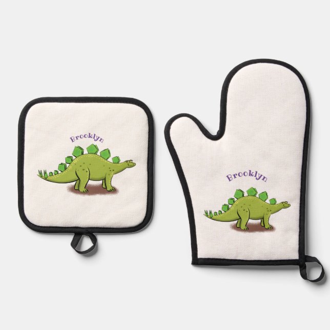 Funny stegosaurus dinosaur cartoon oven mitt & pot holder set (Front)